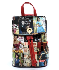 Magazine Cover Collage Convertible Drawstring Backpack Satchel OA2708 RED/MULTI
